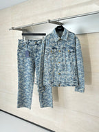 Blue denim jacket and matching denim pants set, allover monogram pattern, gold buttons
