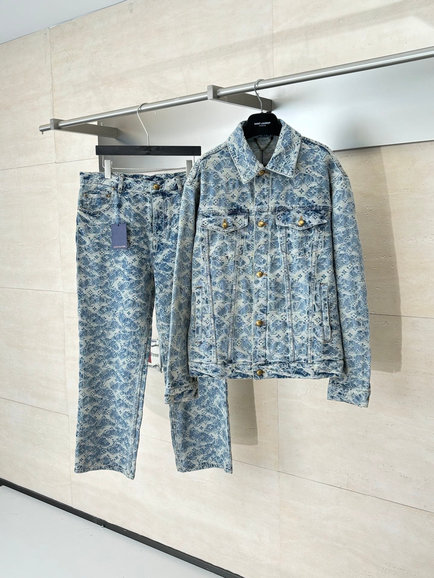 Blue denim jacket and matching denim pants set, allover monogram pattern, gold buttons