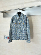 Blue denim jacket with allover monogram pattern, button front, pointed collar, long sleeves