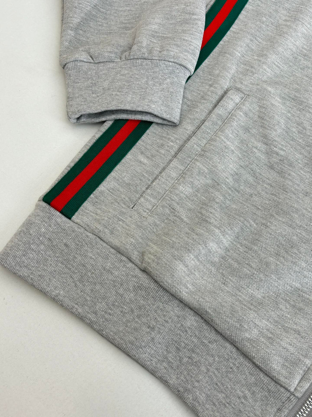 Grey pants with green-red stripe side band and ribbed cuffs