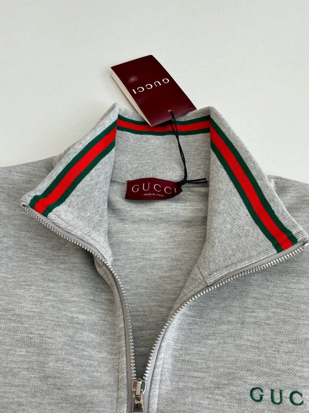 Grey Gucci zip jacket collar detail with green-red web stripe trim