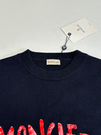 Navy crewneck knit collar with red MONCLER logo on the chest