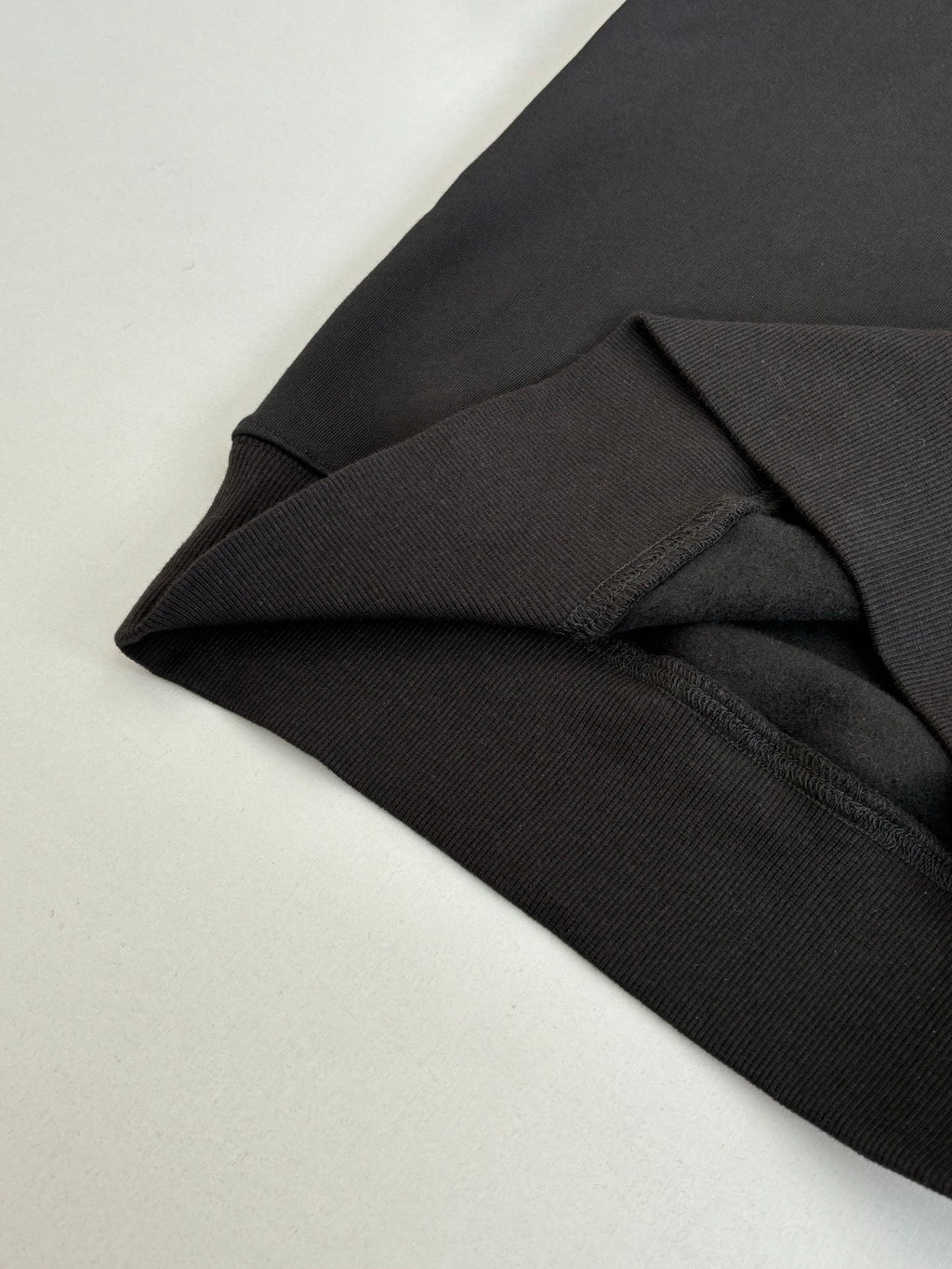 Dark sweatshirt cuff and hem close-up with ribbed edge