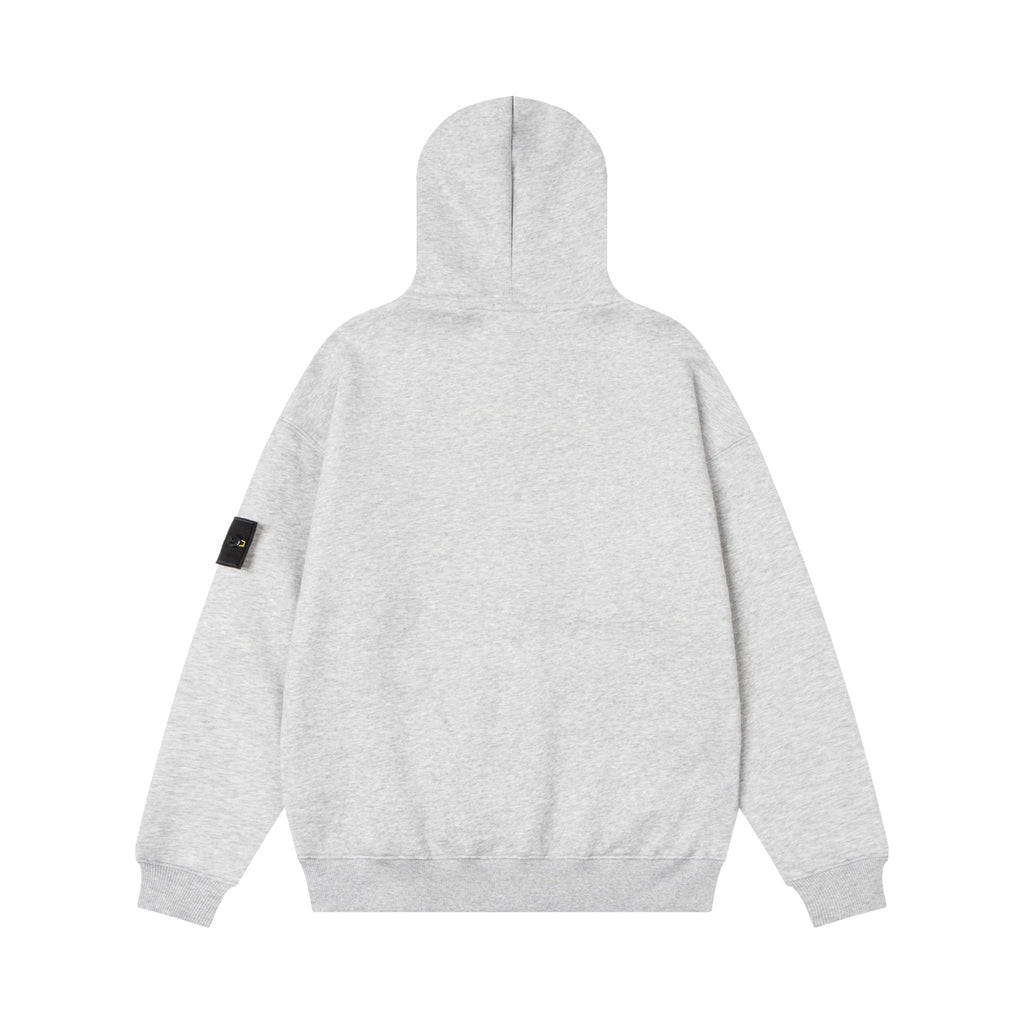 Zip-up hooded sweatshirt in heather gray, back view with hood and long sleeves