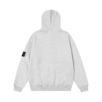Zip-up hooded sweatshirt in heather gray, back view with hood and long sleeves