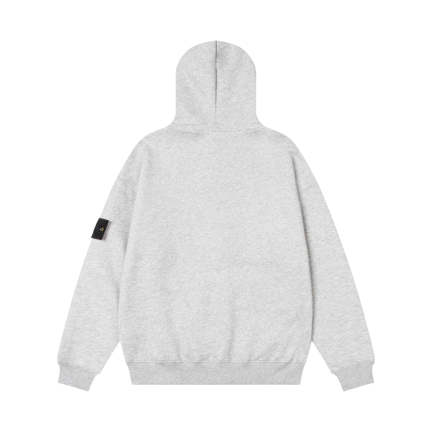 Zip-up hooded sweatshirt in heather gray, back view with hood and long sleeves