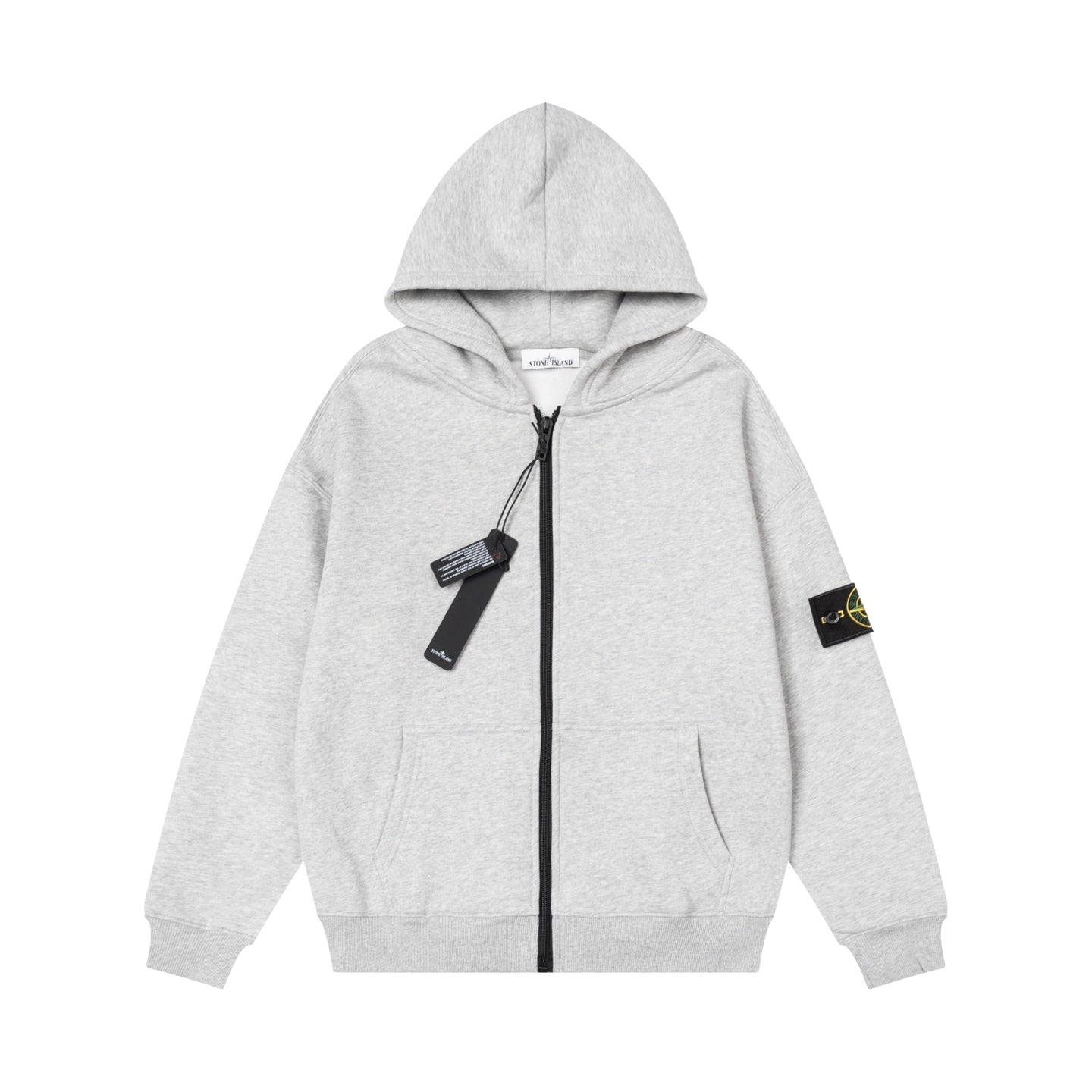 Zip-up hooded sweatshirt in heather gray with black zipper, drawcord, and sleeve patch
