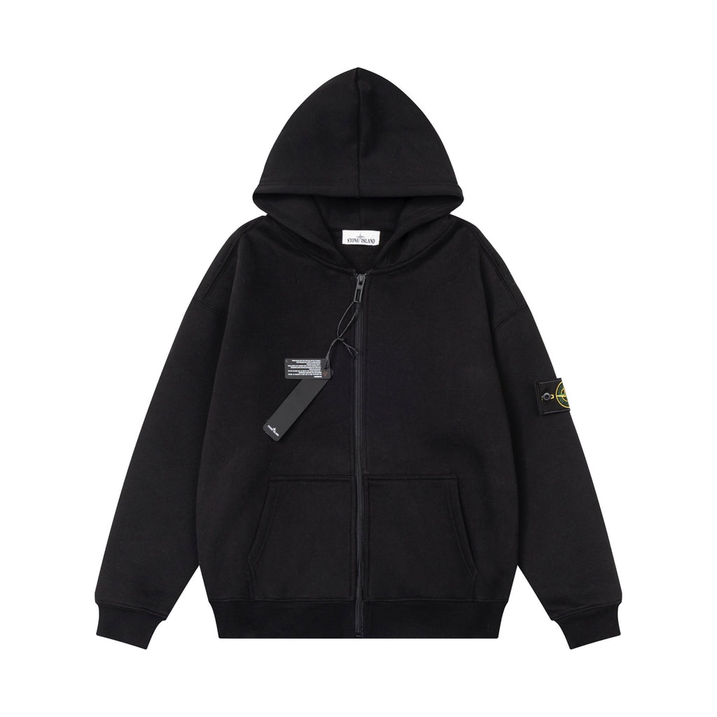 Zip-up hooded sweatshirt in black with full zipper, hood, and small sleeve logo patch