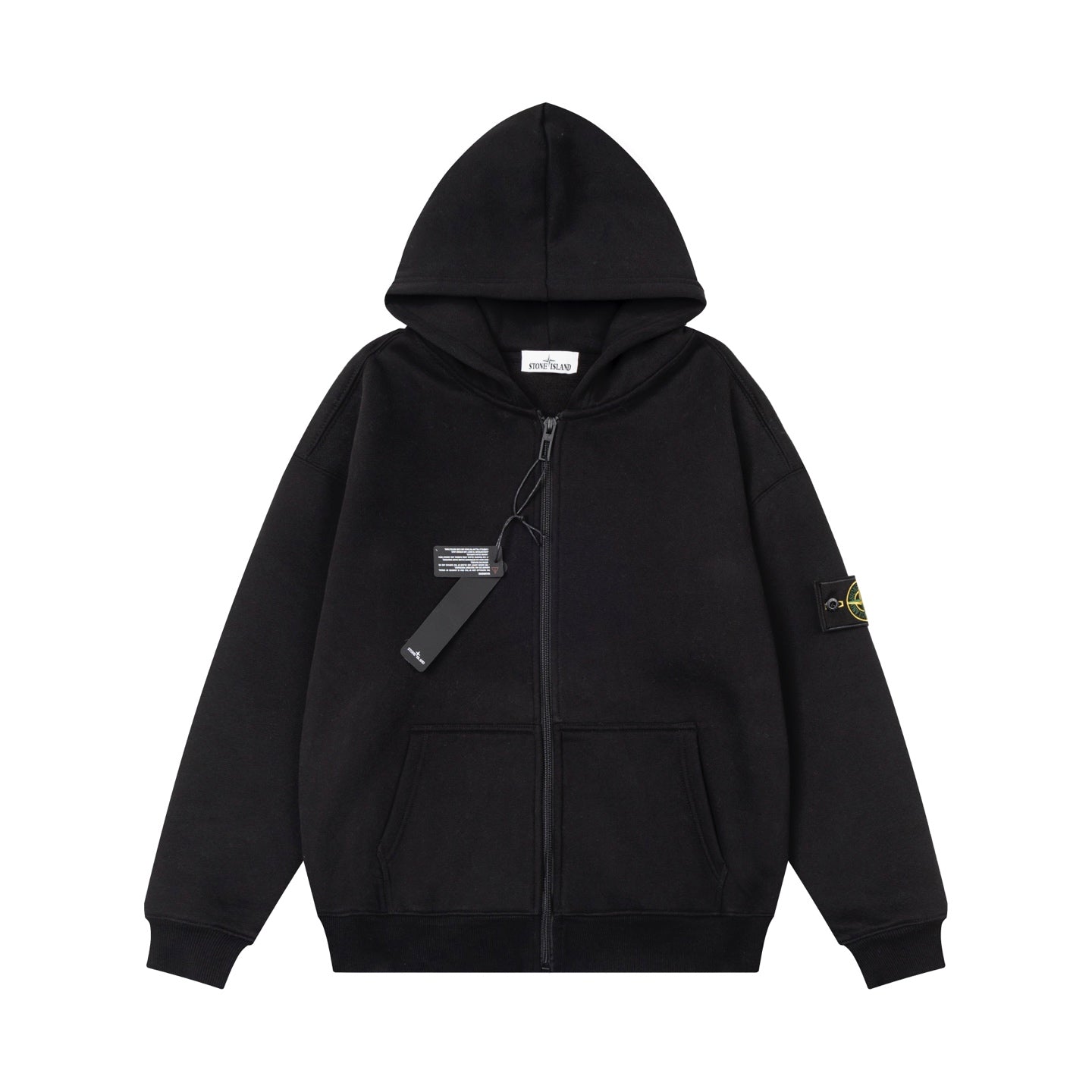 Zip-up hooded sweatshirt in black with full zipper, hood, and small sleeve logo patch
