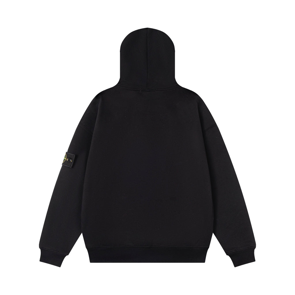 Zip-up hooded sweatshirt in black, back view with hood and long sleeves