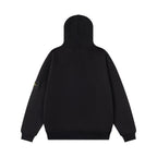 Zip-up hooded sweatshirt in black, back view with hood and long sleeves
