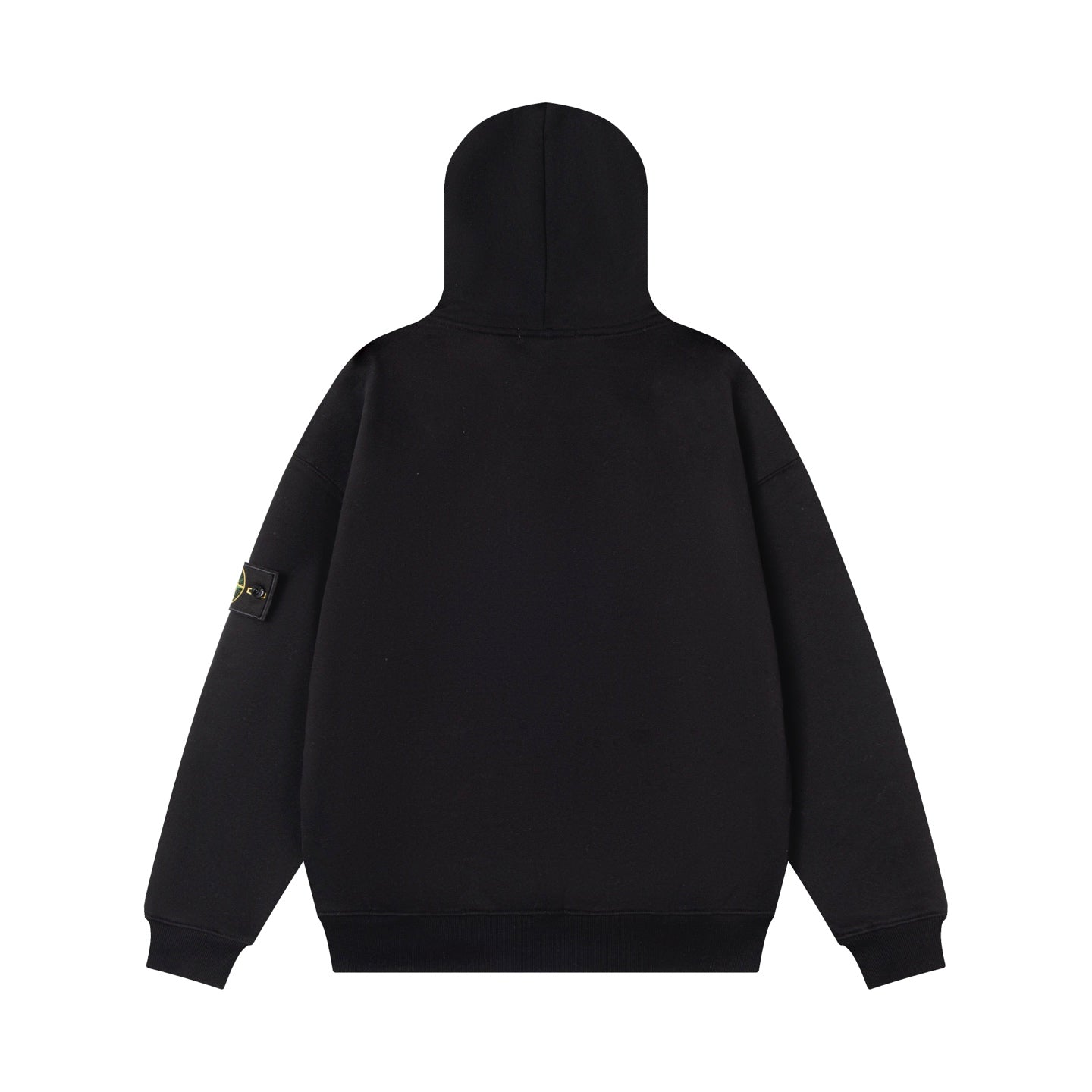 Zip-up hooded sweatshirt in black, back view with hood and long sleeves