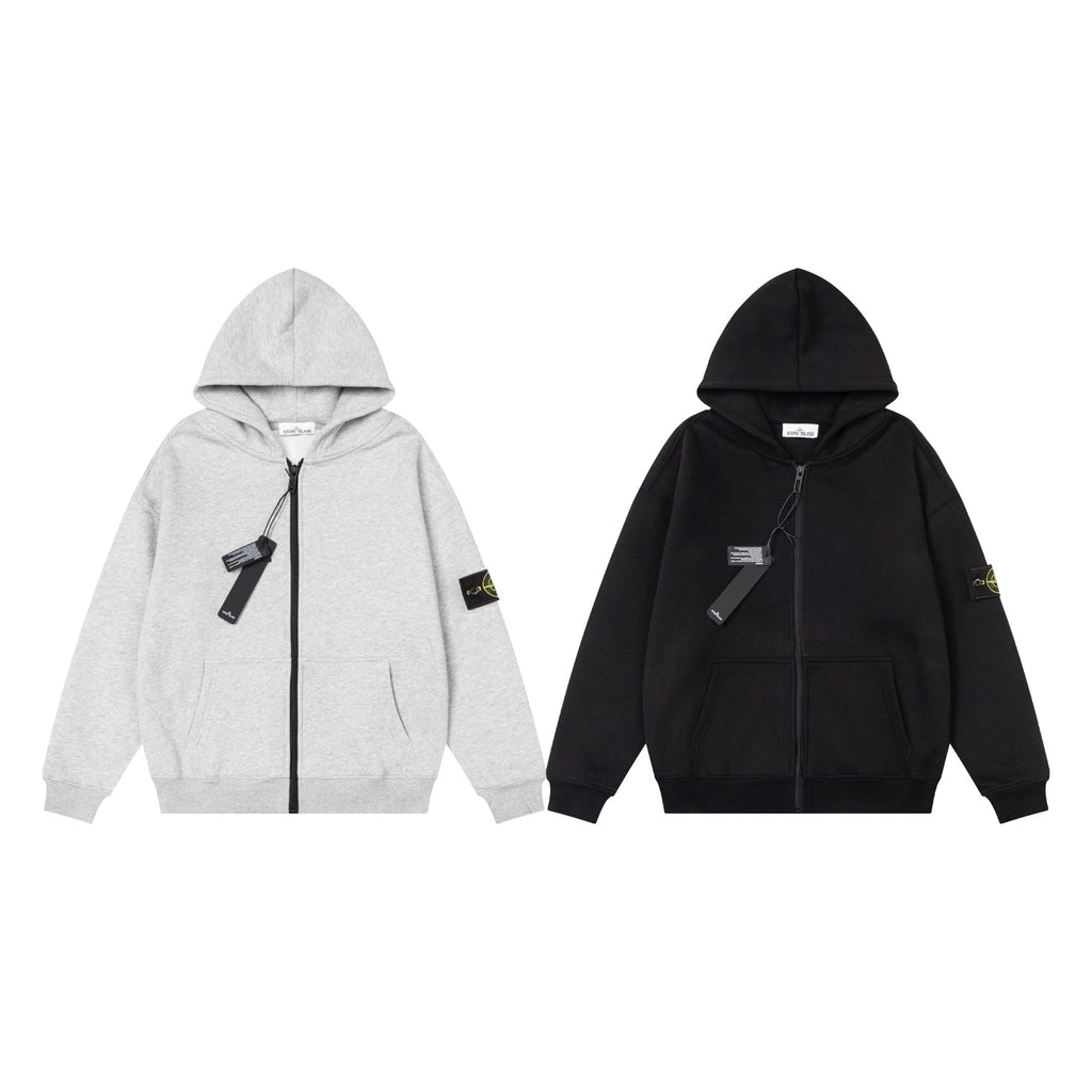 Zip-up hooded sweatshirt, heather gray with black zipper and small sleeve patch