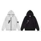 Zip-up hooded sweatshirt, heather gray with black zipper and small sleeve patch