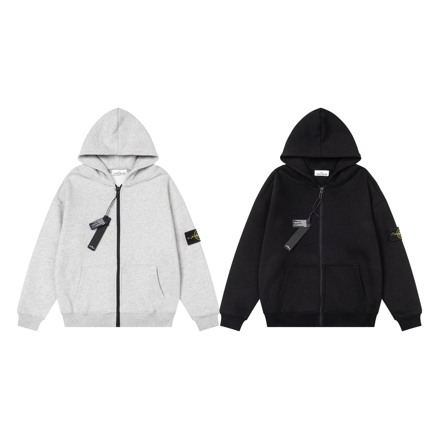 Zip-up hooded sweatshirt, heather gray with black zipper and small sleeve patch