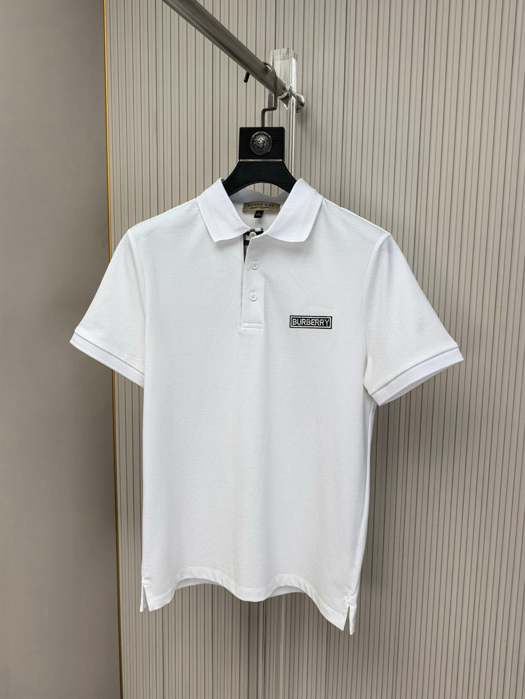 Burberry short-sleeve polo shirt, white with button placket and chest logo patch