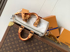 Louis Vuitton small handbag with white monogram canvas, tan strap and silver zipper