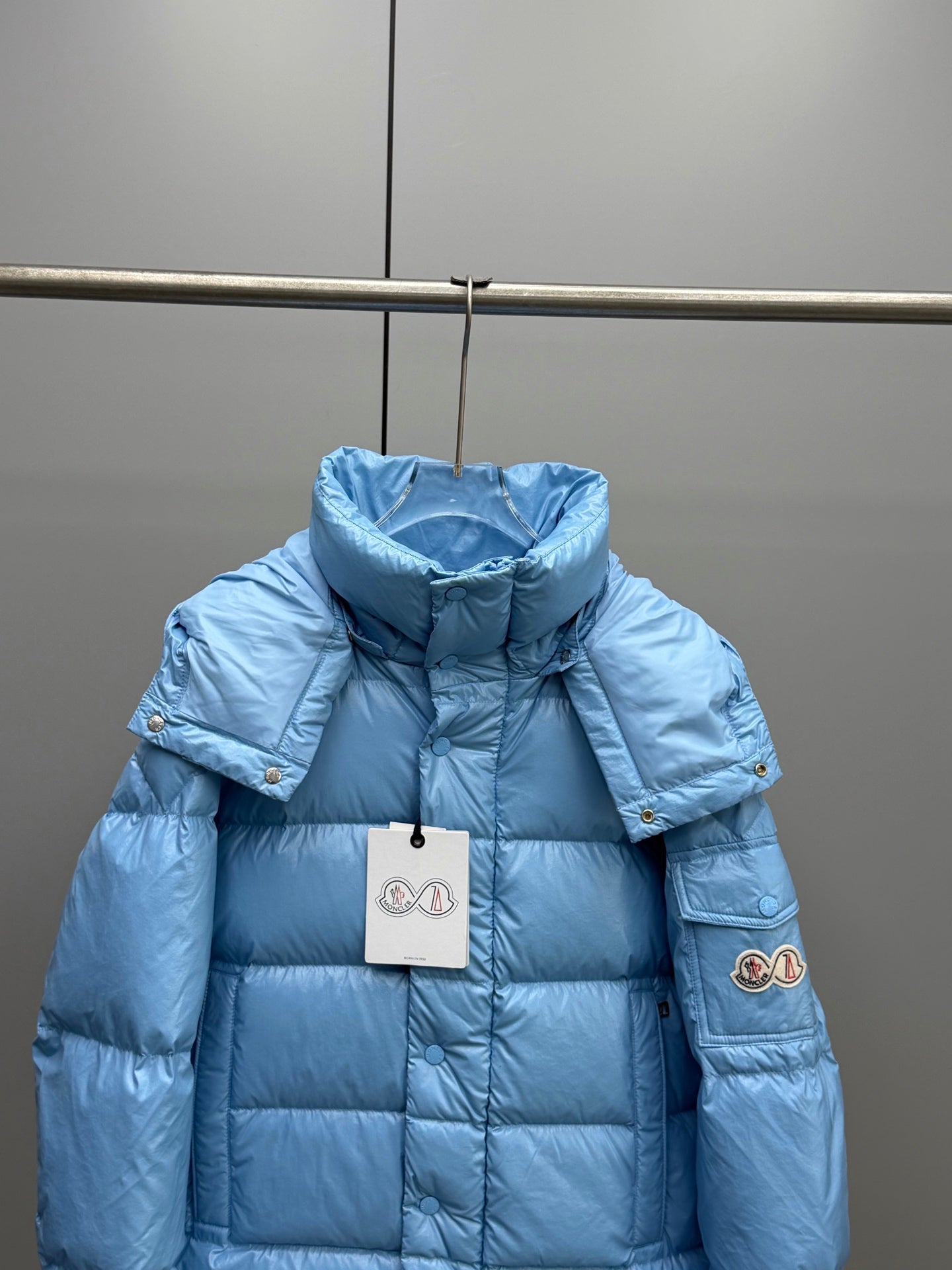 Moncler hooded puffer jacket, light blue, snap pockets and logo patch
