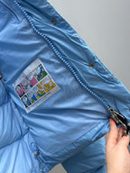 Moncler puffer jacket, light blue, side zipper and printed interior label