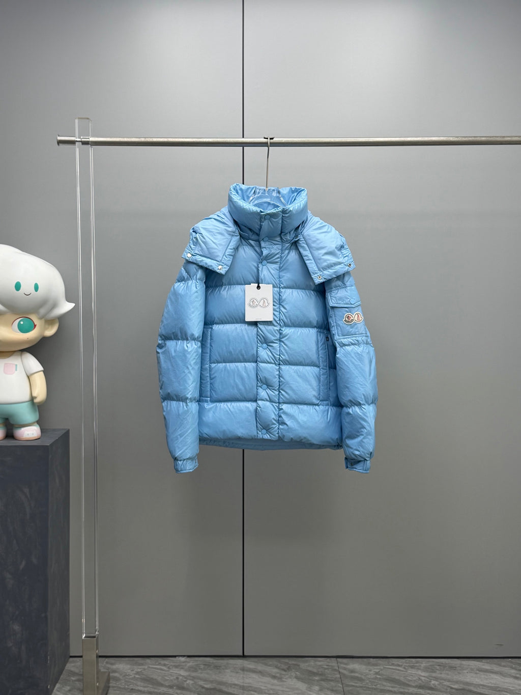 Moncler hooded puffer jacket, light blue, front zip and quilted panels