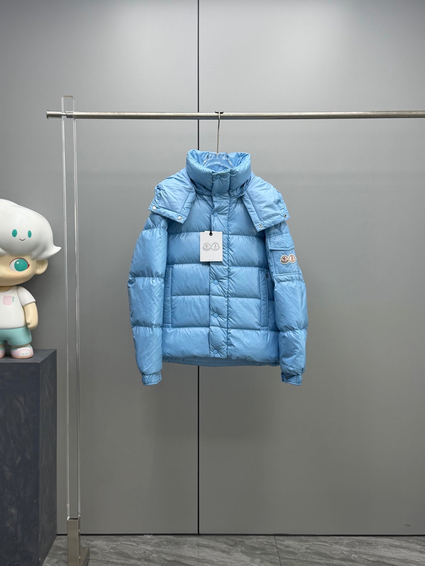 Moncler hooded puffer jacket, light blue, front zip and quilted panels