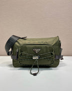 Olive Prada crossbody bag with flap, quilted front panel, and adjustable shoulder strap