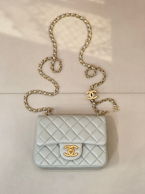 Chanel quilted shoulder bag, light blue with gold chain and CC logo
