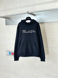 Black Louis Vuitton hooded sweatshirt with front pouch pocket and cursive logo