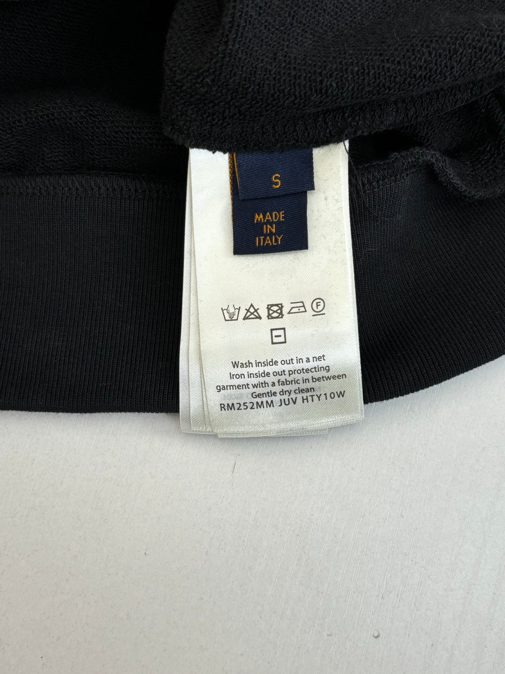 Black Louis Vuitton hooded sweatshirt inner neck label, Made in Italy