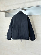 Navy stand-collar jacket with elastic cuffs and drawstring hem