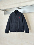 Ralph Lauren navy button-up jacket with red polo logo and stand collar