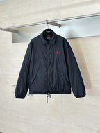 Ralph Lauren navy button-up jacket with red polo logo and stand collar