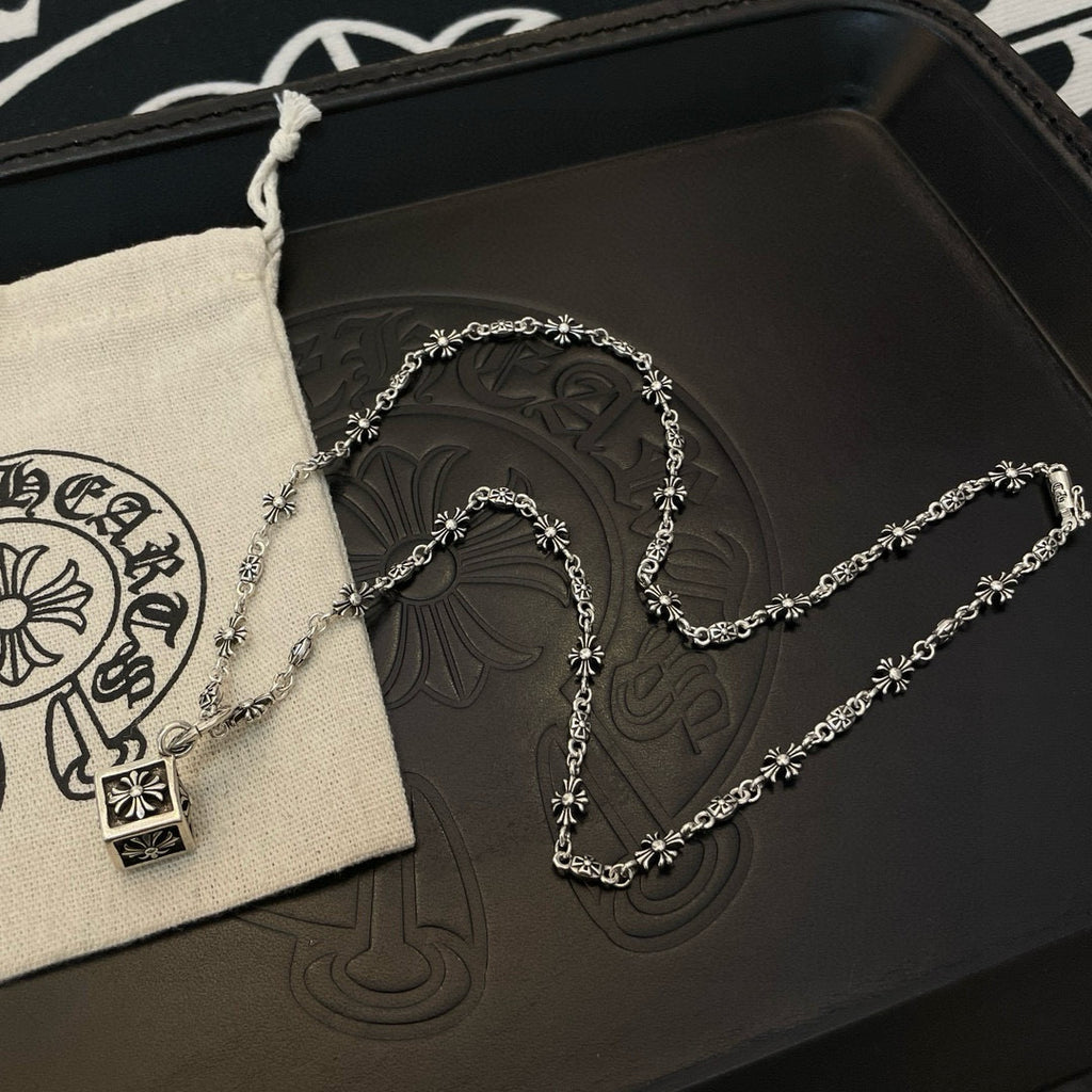 Silver chain necklaces with square pendant in black accessory box with pouch