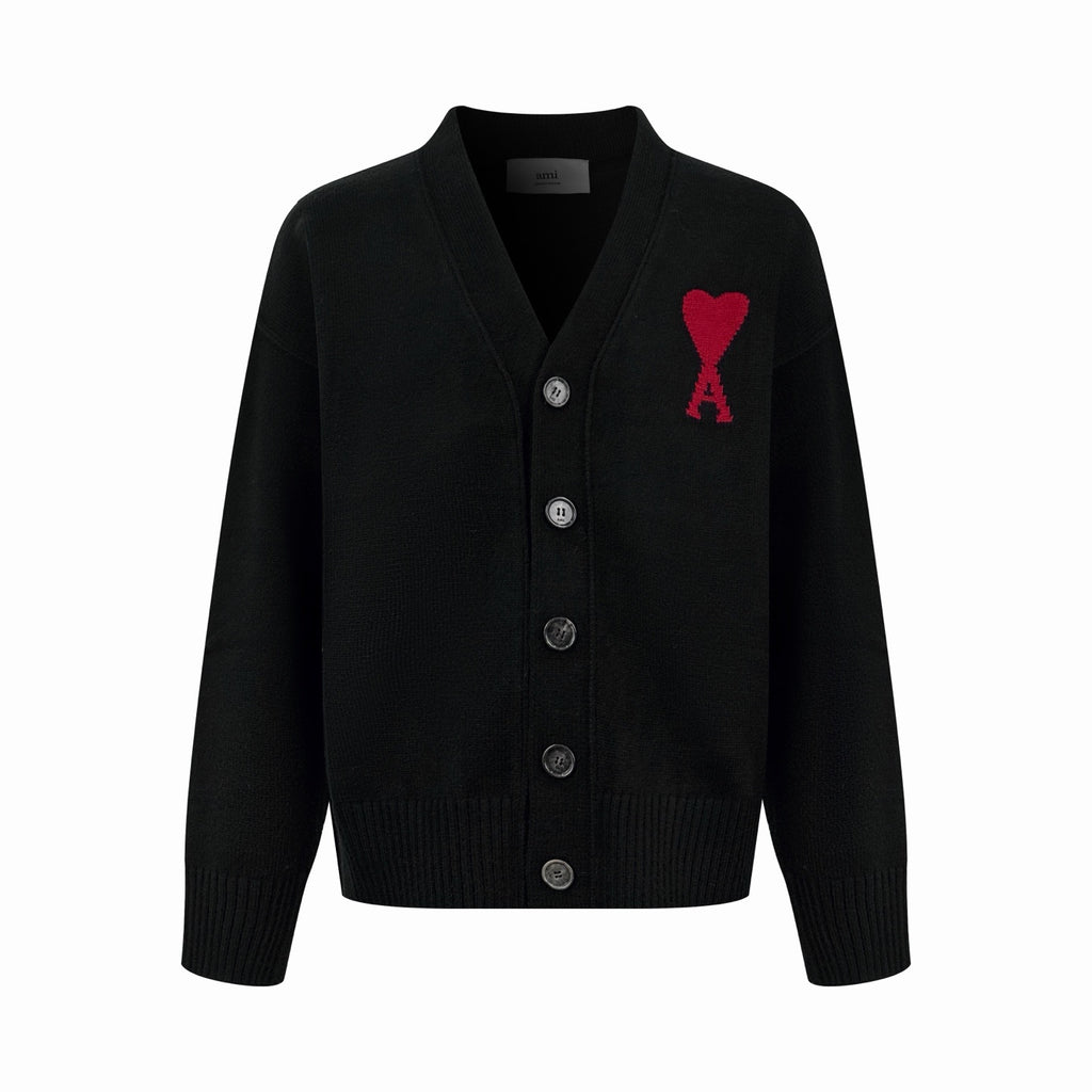 Amiri black knit cardigan with button front and red Ar motif on chest