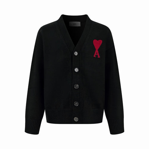 Amiri black knit cardigan with button front and red Ar motif on chest