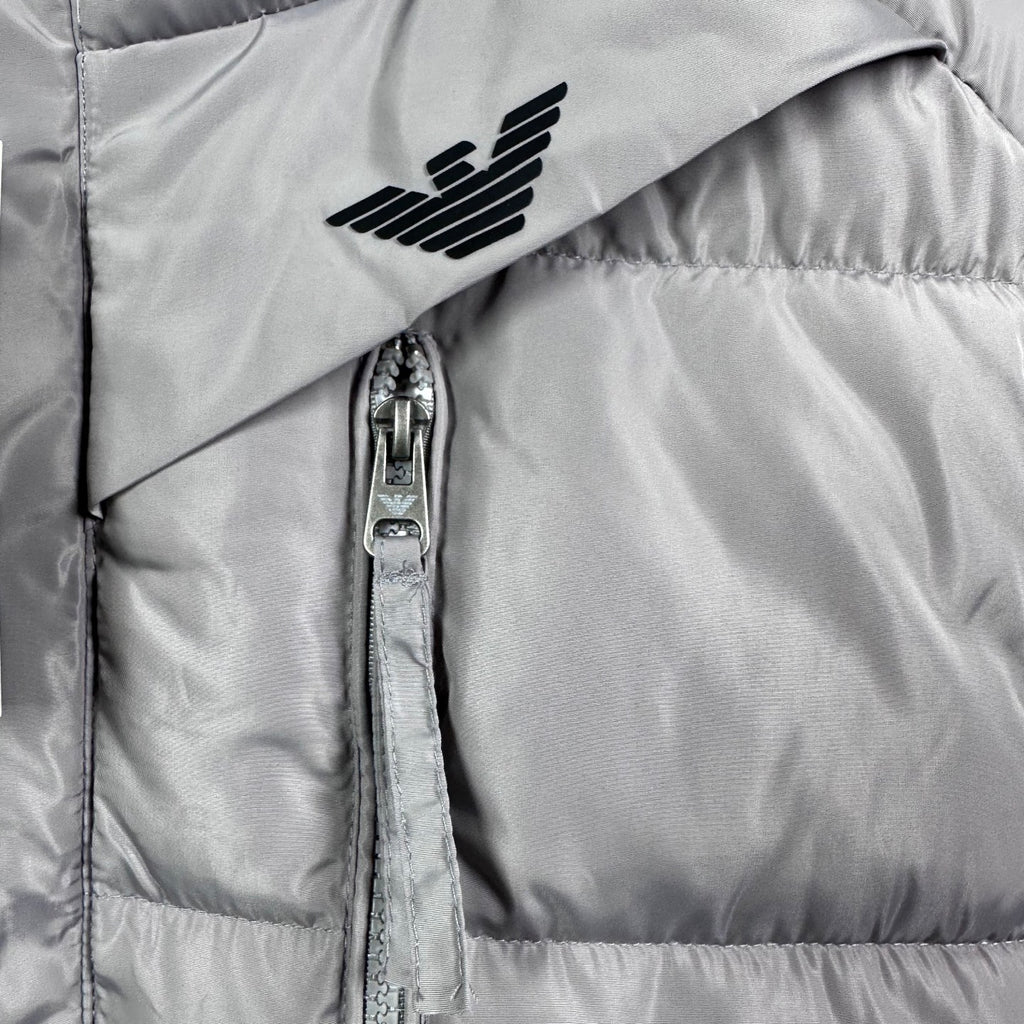Amiri hooded puffer vest, light gray, chest logo and front zipper pocket