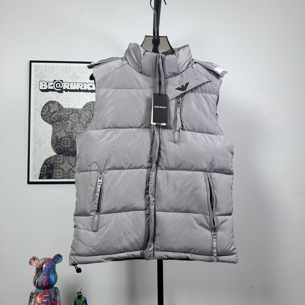 Amiri hooded puffer vest, light gray, front zip closure and chest logo