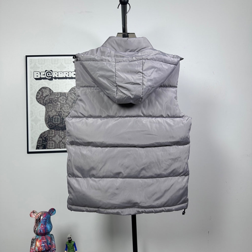 Amiri hooded puffer vest, light gray, rear view with hood and stitched baffles