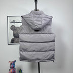 Amiri hooded puffer vest, light gray, rear view with hood and stitched baffles