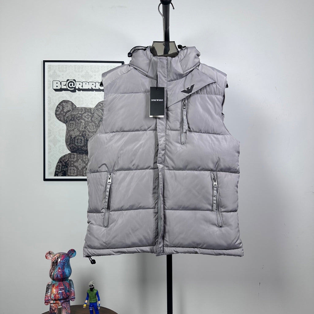 Amiri hooded puffer vest, light gray, front zip and two side zippers