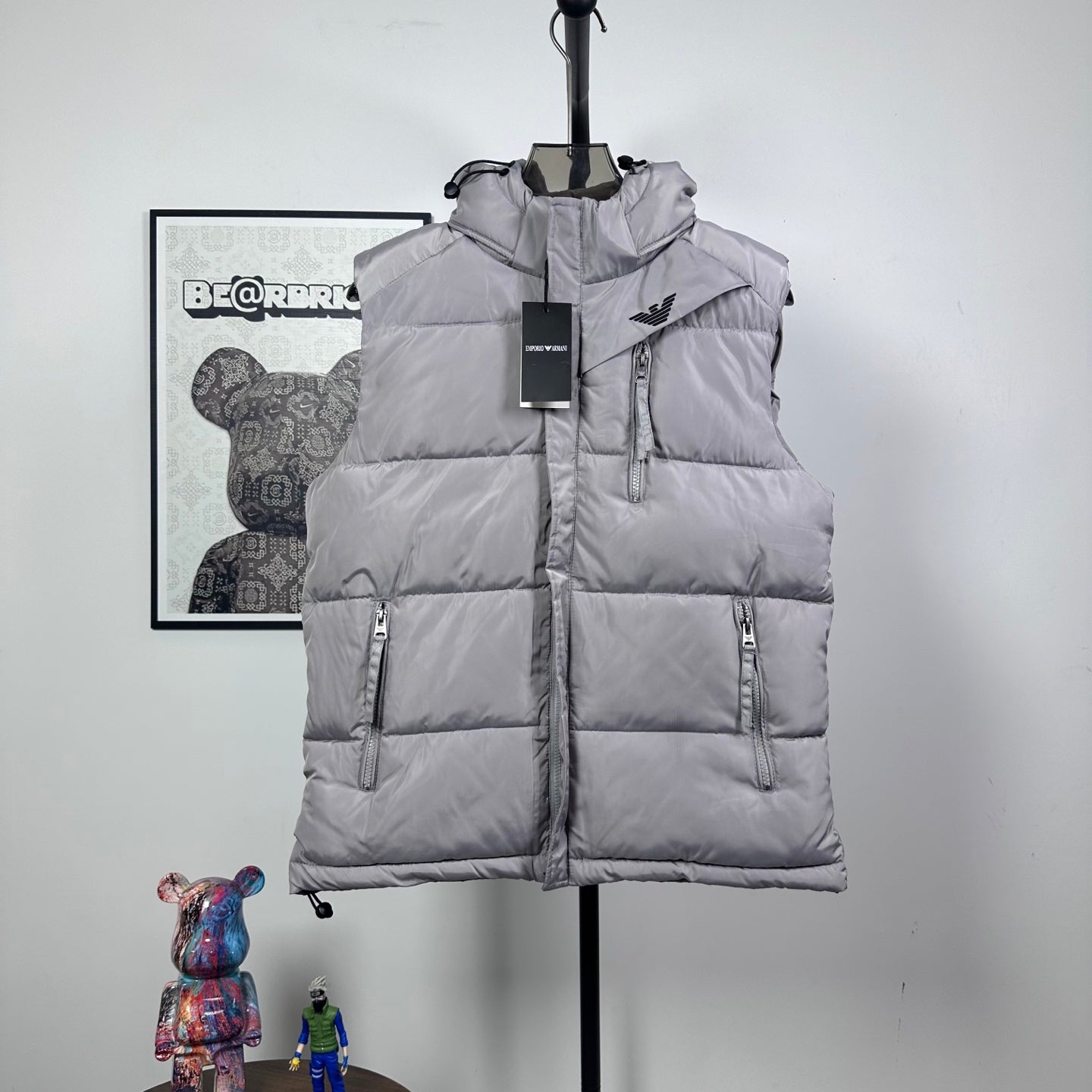Amiri hooded puffer vest, light gray, front zip and two side zippers