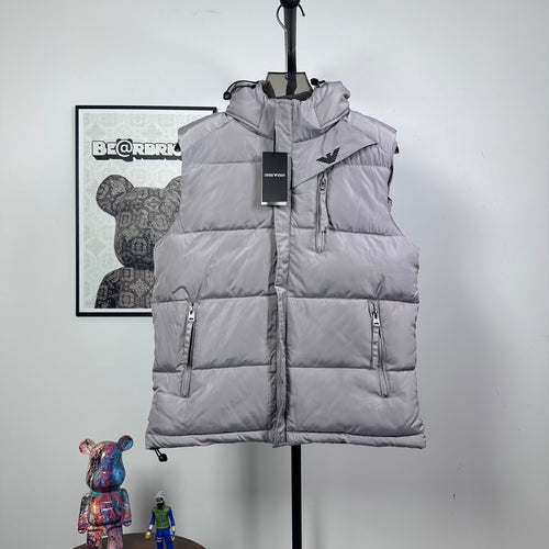 Amiri hooded puffer vest, light gray, front zip and two side zippers
