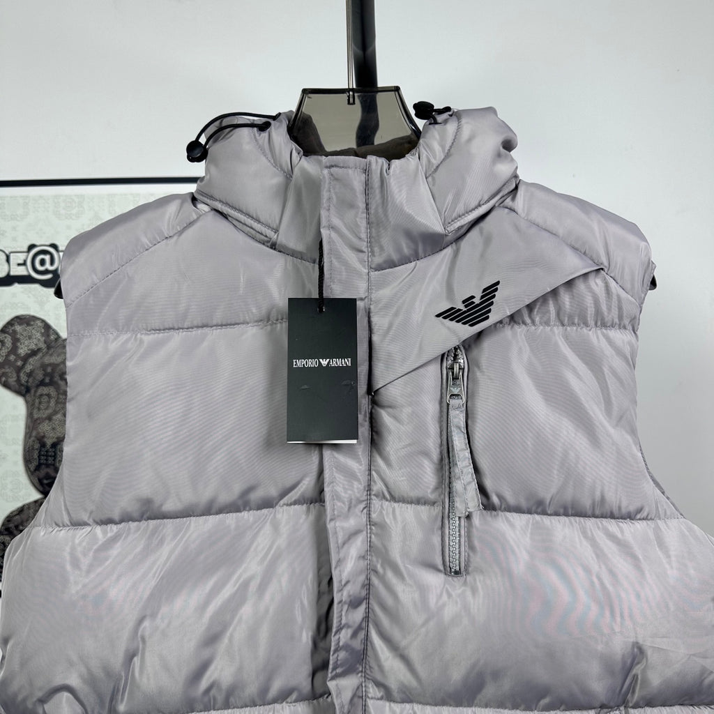 Amiri hooded puffer vest, light gray, logo on chest and center front zip