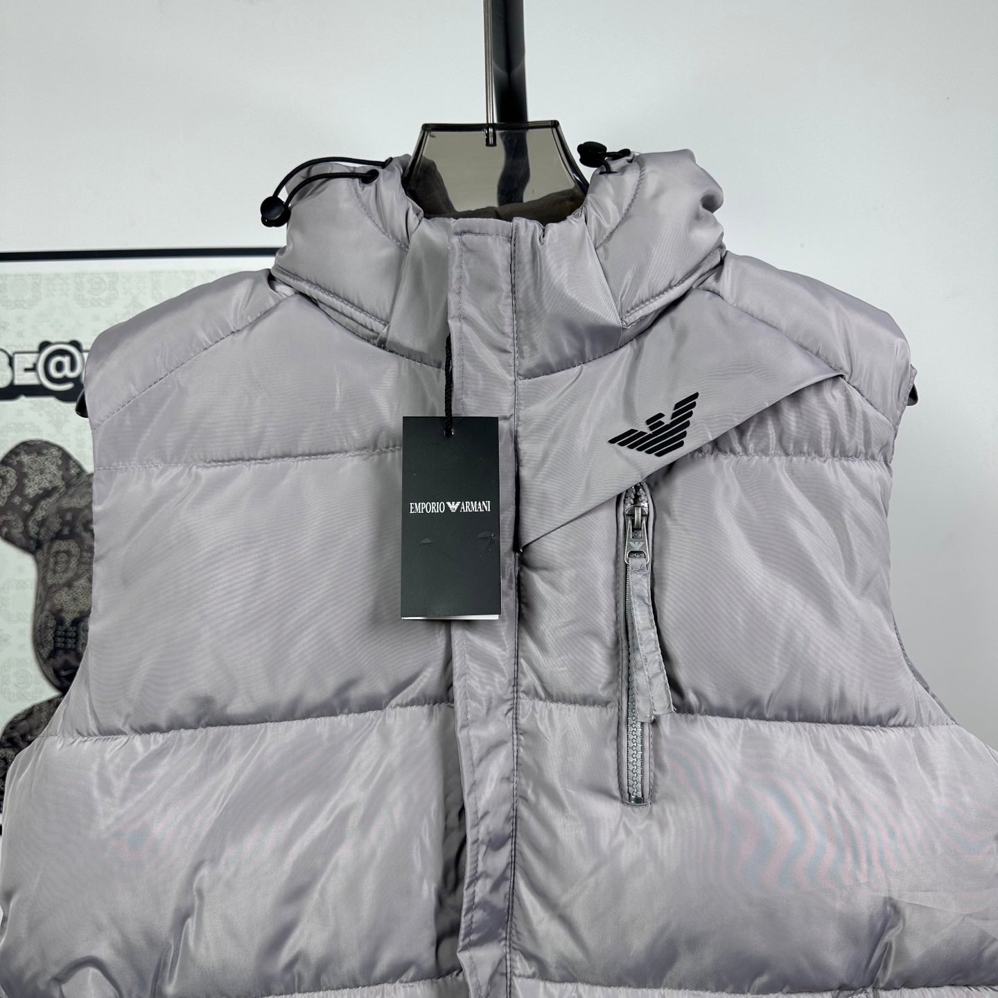 Amiri hooded puffer vest, light gray, logo on chest and center front zip