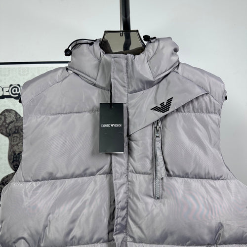 Amiri hooded puffer vest, light gray, logo on chest and center front zip