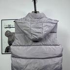 Amiri hooded puffer vest, light gray, back view with hood and center seam