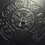 Silver-tone cross pendant necklace with purple gem accents and double chain