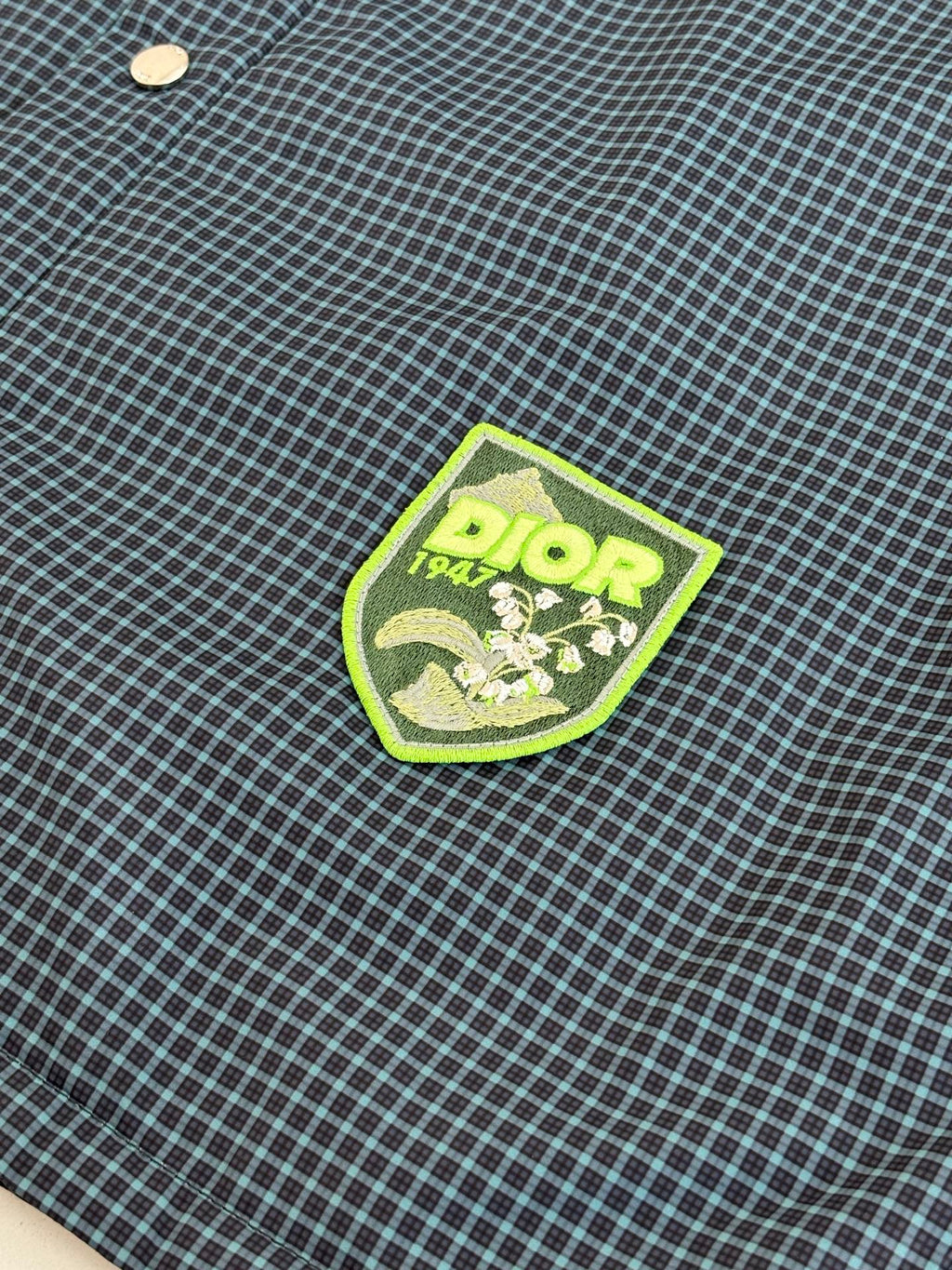 Blue check fabric close-up with green Dior logo shield patch
