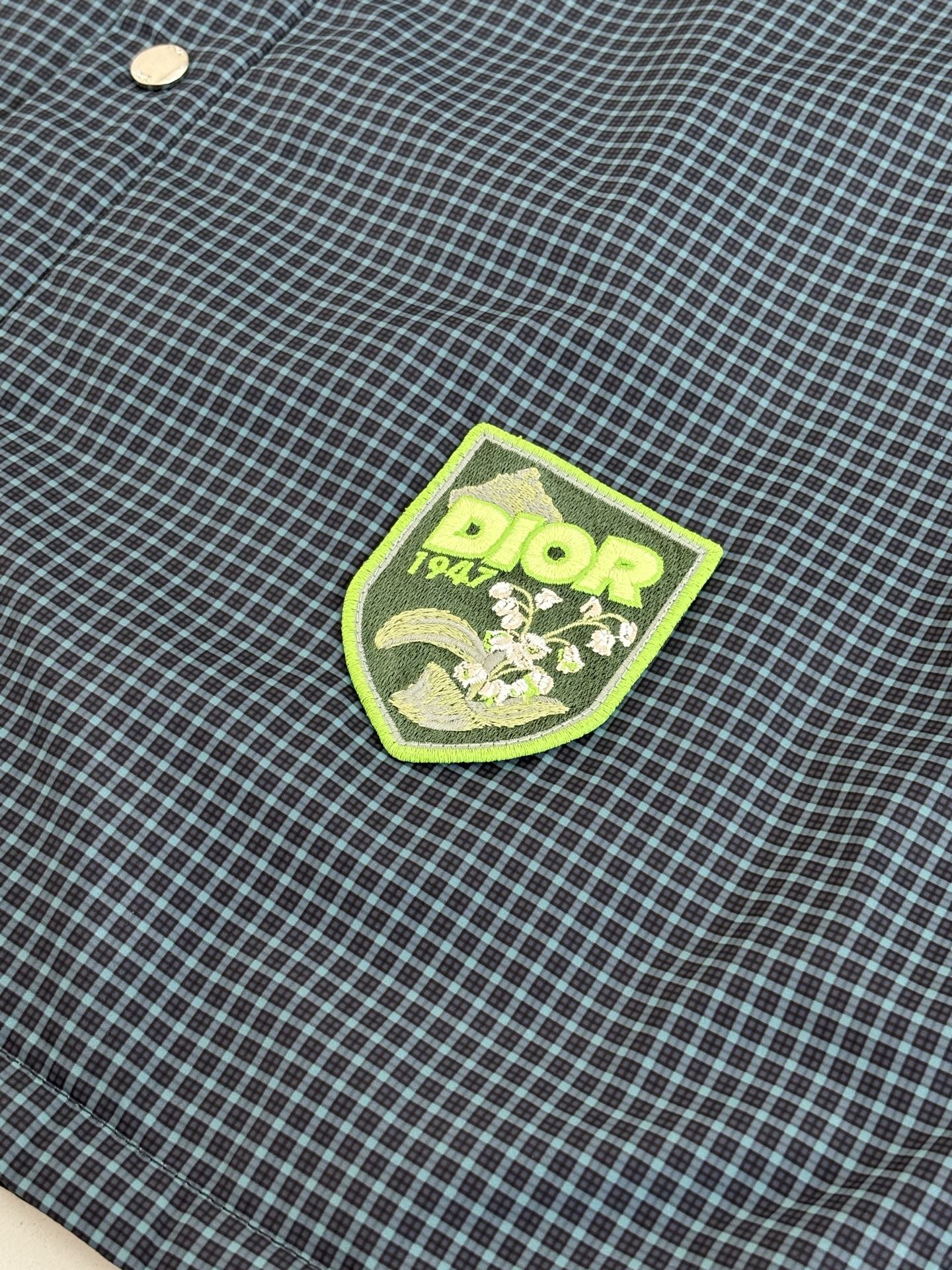 Blue check fabric close-up with green Dior logo shield patch