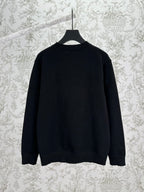 Black crewneck knit sweater, long sleeves, back view with ribbed hem and cuffs.
